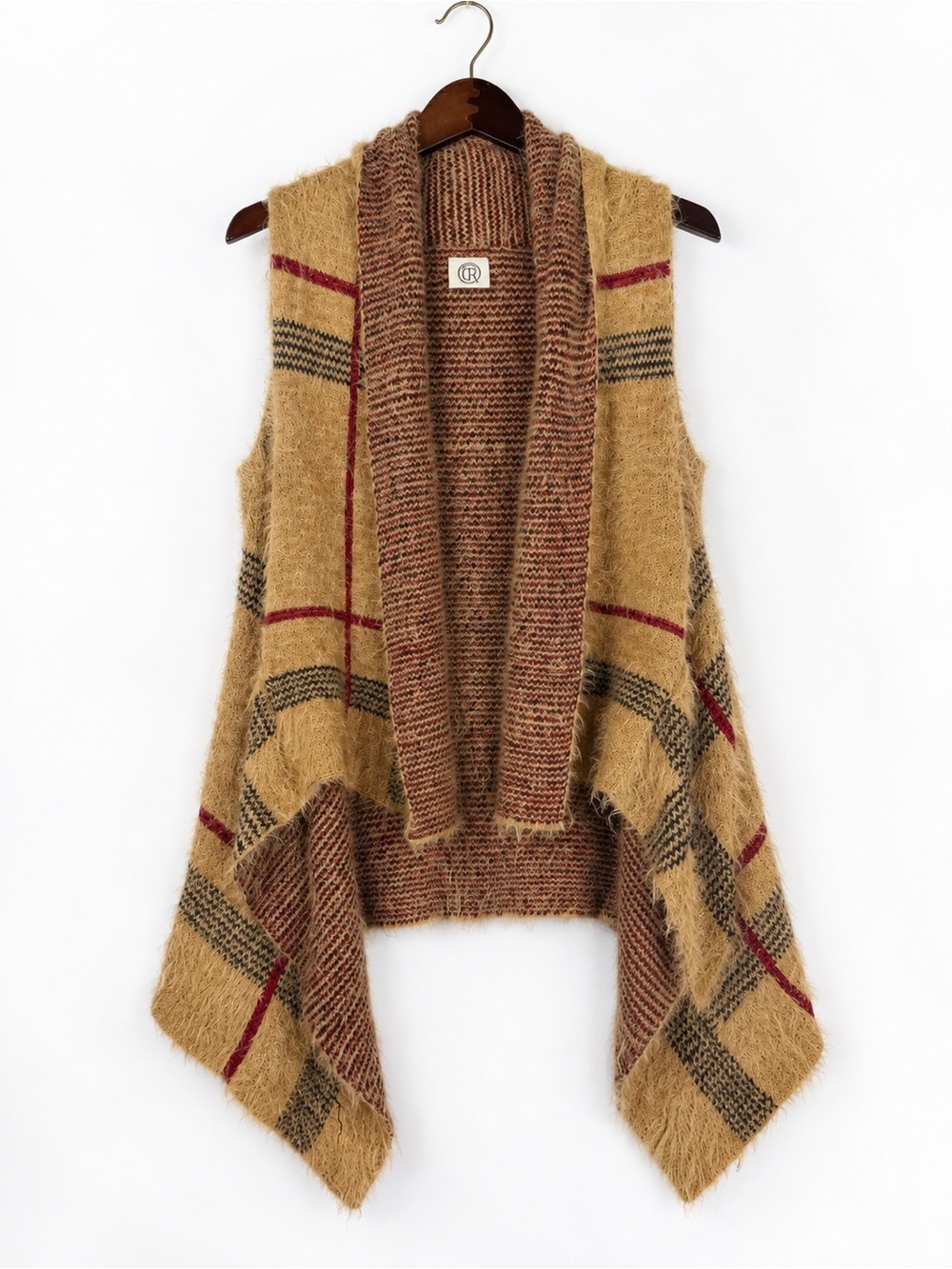 Fuzzy Plaid Open Front Sweater Vest Draped Handkerchief Hem OS